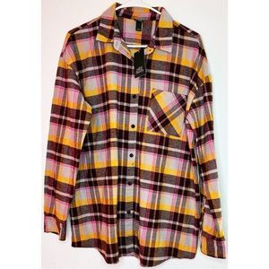 Women's Wild Fable Plaid Flannel Button Down - Pink, Yellow, Maroon (L)
